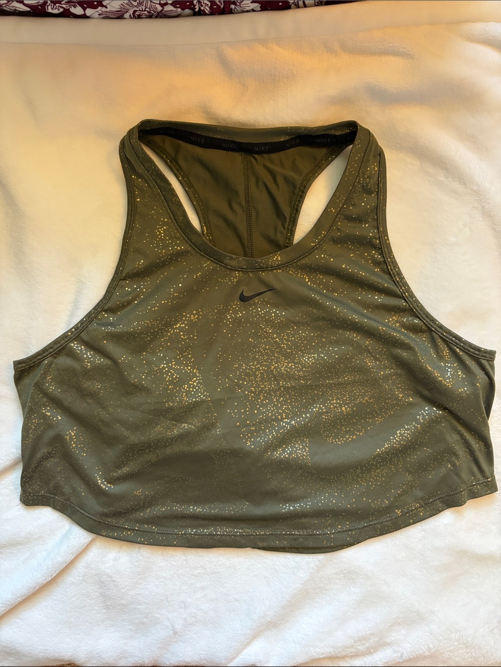 Nike One Dri-FIT Training Tank Top Olive Green Gold Sparkle Size S